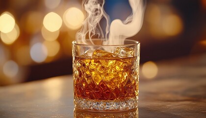 Whiskey Cocktail with Ice in Rocks Glass at Bar