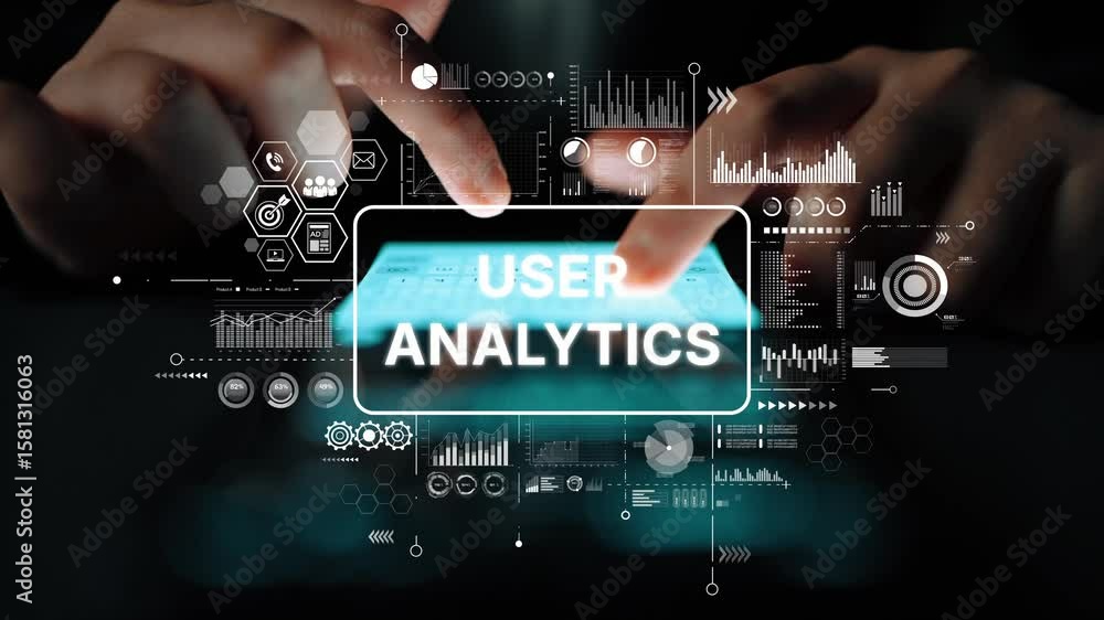 Poster user analytics concept with hands touching smartphone screen displaying data and graphical elements 