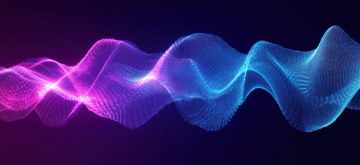 Fototapeta premium Colorful abstract wave pattern with glowing particles in blue and pink tones.
