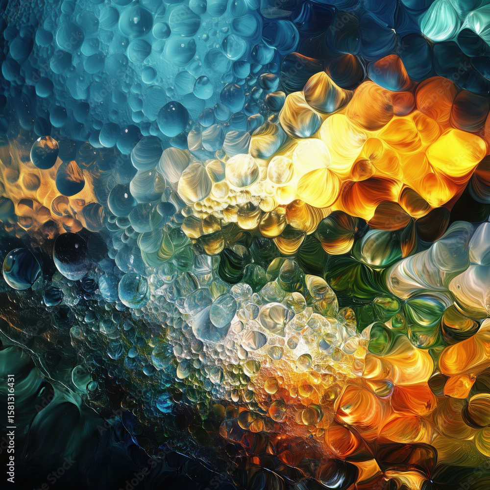 Poster colorful abstract water droplets creating vibrant patterns and textures.