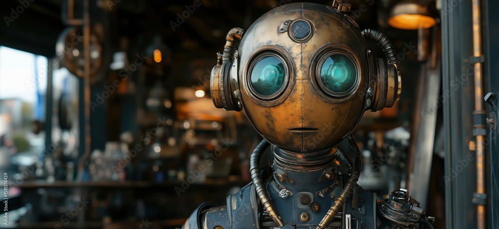 Poster steampunk robot with glowing eyes in workshop setting showcasing intricate design.