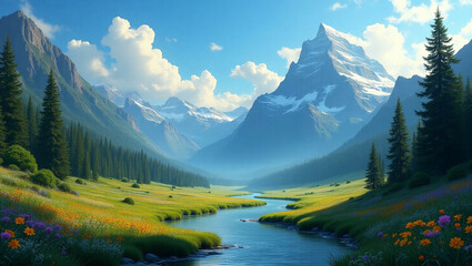 Stunning Majestic Mountain Landscape with Snow-Capped Peaks and Clear Blue Sky in Scenic Wilderness

