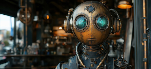 Steampunk robot with glowing eyes in workshop setting showcasing intricate design.