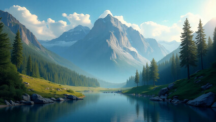 Stunning Majestic Mountain Landscape with Snow-Capped Peaks and Clear Blue Sky in Scenic Wilderness

