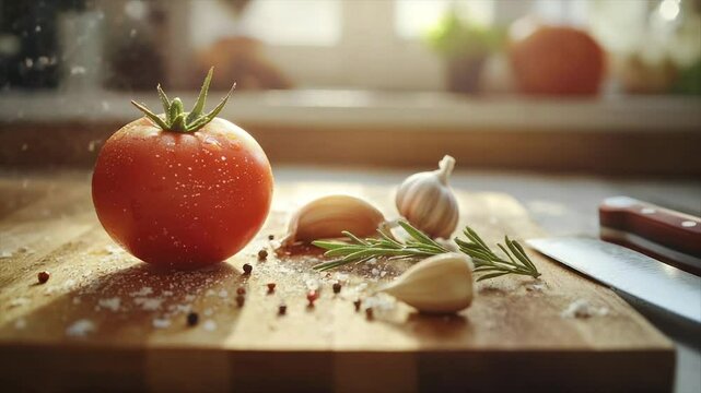Sunlit kitchen scene with tomato, garlic, rosemary, salt, peppercorns, and knife on wooden cutting board