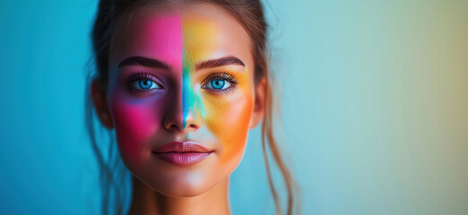 Obraz premium Vibrant face painting with colorful split design showcasing artistic expression.