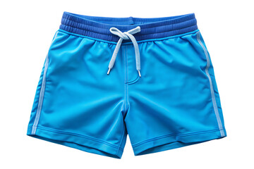 Bright blue boys swim shorts with contrasting waistband and drawstring isolated on a transparent background