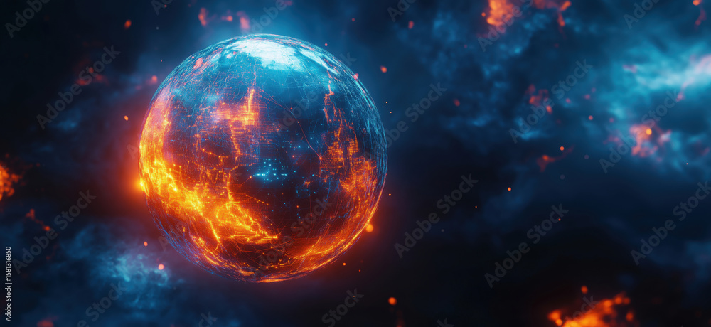 Poster glowing earth in cosmic space with fiery elements and digital network patterns.