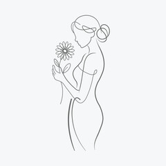 Minimalist One Line Drawing of a Woman Holding a Flower – Elegant Wall Art
