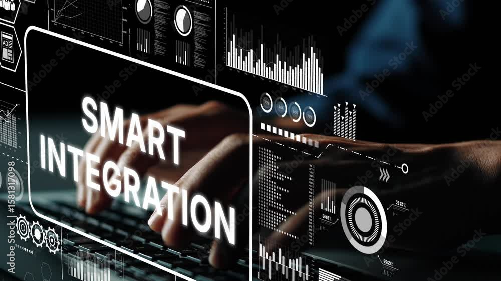 Fototapete Hands Typing on Keyboard with Smart Integration Concept Displayed on Screen, Futuristic Digital Interface and Data Visualization. Asymptotic smart data analytic.