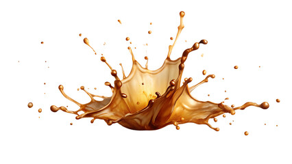 Dynamic splash of light brown liquid with droplets against a black background isolated on a transparent background