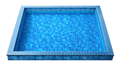 Empty rectangular swimming pool with blue mosaic tiles and clear blue water isolated on a transparent background