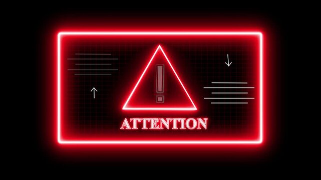 Neon word Attention. Symbol on Map Dark Purple Background. Security protection Malware Hack Attack Data Breach Concept.System hacked error, Attacker alert sign computer virus.Hacking.Ransomware.Vector
