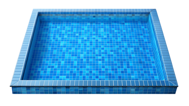 Empty rectangular swimming pool with blue mosaic tiles and clear blue water isolated on a transparent background