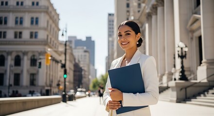 Daytime image of a confident female lawyer smiling in front of a courthouse, holding legal documents in a folder. City background, sunlit scene, clean suit.
