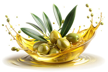 Green olives and leaves in a golden olive oil splash isolated on a transparent background image