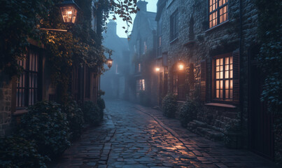 Fototapeta premium Mysterious cobblestone alleyway illuminated by vintage street lamps in foggy evening.