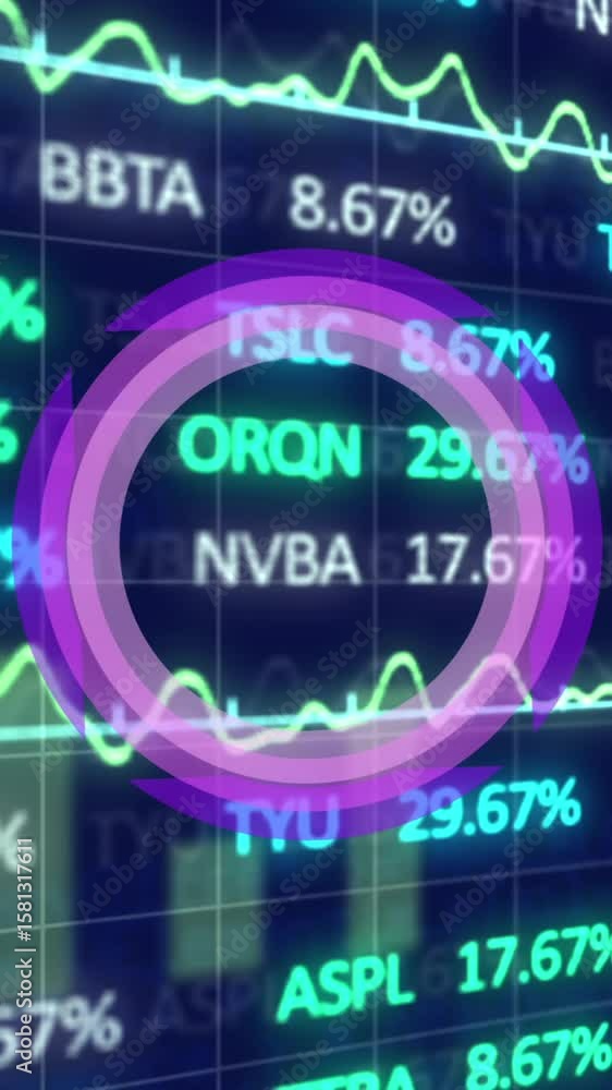 Poster animation of moving clock and financial data processing over office in background