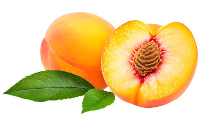 A peach is cut in half and has a leaf on top