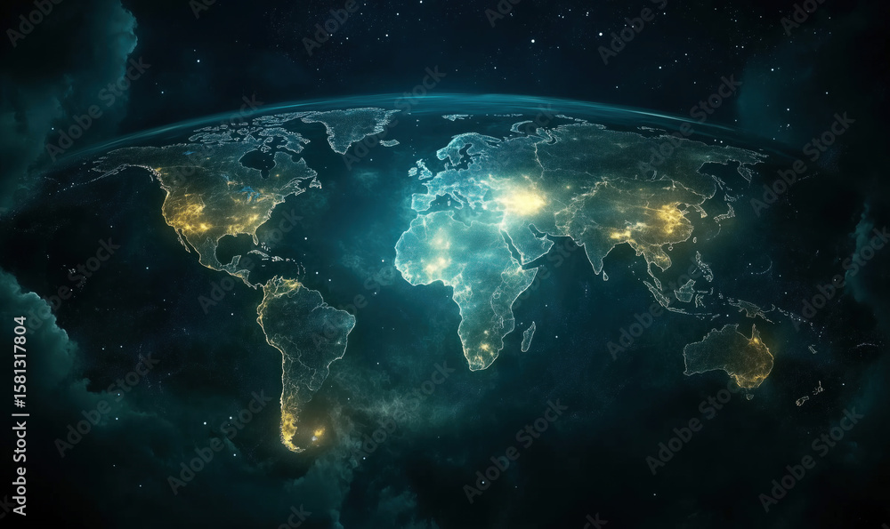 Poster illuminated world map with global connectivity and nighttime view of earth.