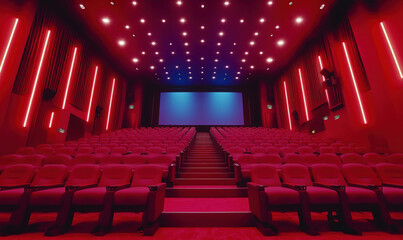 Modern red cinema interior with plush seating and vibrant lighting effects.