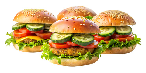 Three delicious vegetarian burgers with fresh lettuce tomato and cucumber slices on sesame seed buns isolated on a transparent background