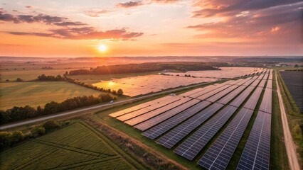 Fototapeta premium Solar Panels at Sunrise Sustainable Energy Field with Warm Lens Flare, Powering a Greener Future