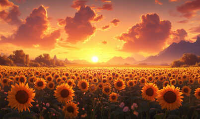 Vibrant sunflower field at sunset with mountains and dramatic clouds.