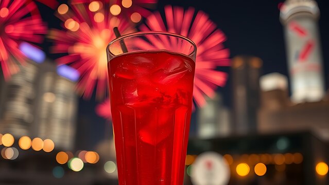 Vibrant fireworks reflected in a chilled Bandung drink, celebrating Singapore National Day with festive lights.