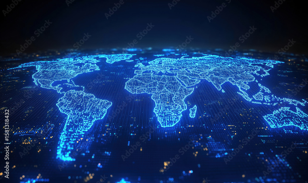 Poster digital world map with glowing blue network connections and data visualization.
