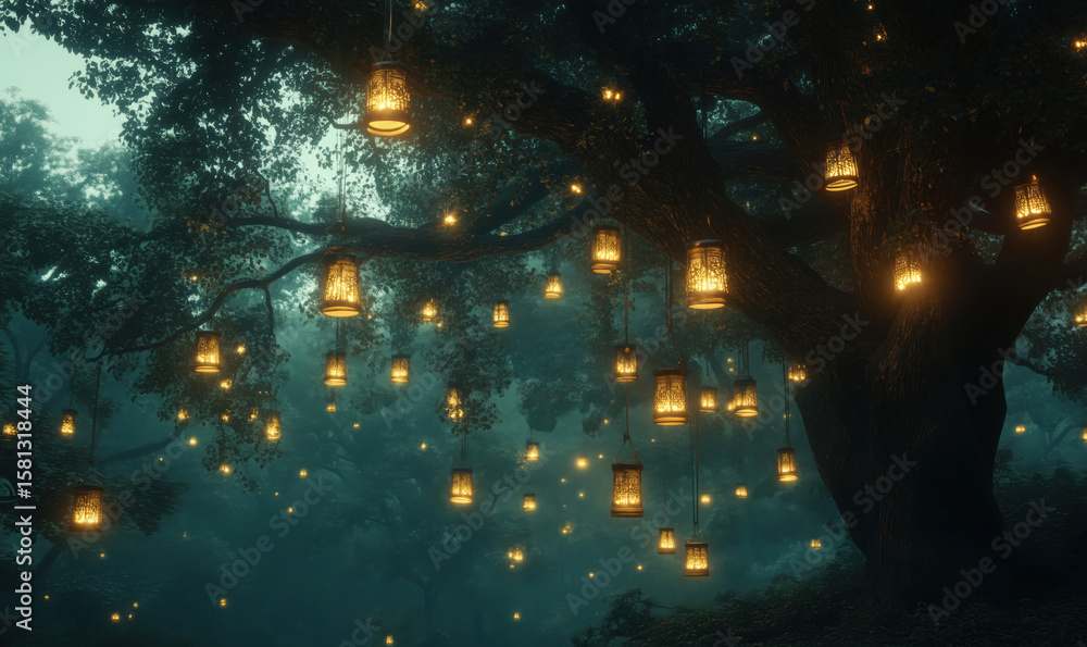 Poster enchanting forest scene with illuminated lanterns hanging from ancient trees.