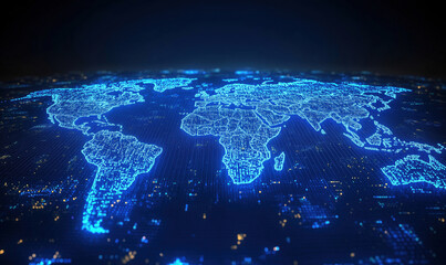 Digital world map with glowing blue network connections and data visualization.