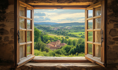 Scenic countryside view from rustic window overlooking lush green hills and village.
