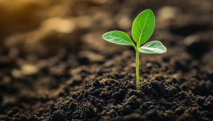 Growing Seedling In Soil: Green Sprout With Leaves As Symbol Of Development, Organic Agriculture, And Natural Products. Gardening Plant For Ecology. Sapling.