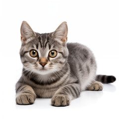 Obraz premium Gray tabby kitten lying down on white background