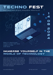 Isometric Tech Event Poster with Laptop and Futuristic Interface – Vector Illustration. EPS