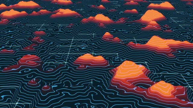 Topography landscape, map, blueprint, radar, surface, model. Digital landscape, heat map, valley blue and peaks glowing. 3D animation