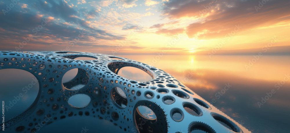 Poster futuristic metallic structure over calm water at sunset with intricate patterns.