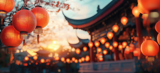 Chinese lanterns glowing at sunset in traditional architecture setting.