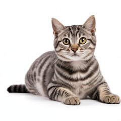 Gray tabby kitten lying down with alert expression on white background  