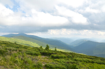 Serene view of mountainous valley with lush green slopes and soft clouds overhead. The scene exudes...
