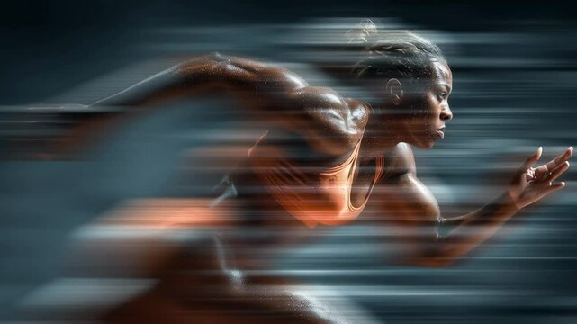 African american woman runner showing speed and motion blur. Strong female athlete in full sprint. Fast movement concept footage.