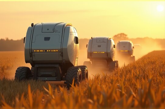 futuristic robotic harvesters operate in golden field at sunset, advanced agriculture technology. serene landscape signifies innovation and sustainable farming. future robotics