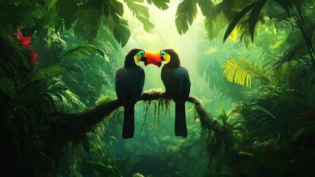 Two toucans perched on a branch in a lush rainforest, touching beaks
