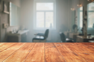 Empty wooden table with copy space in front of blurred hair salon interior. Ideal for promoting hair care products, beauty services or branding in the wellness and cosmetic industry.