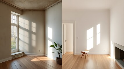 Obraz premium Side-by-side comparison of a room corner showing transformation from old to renovated state.
