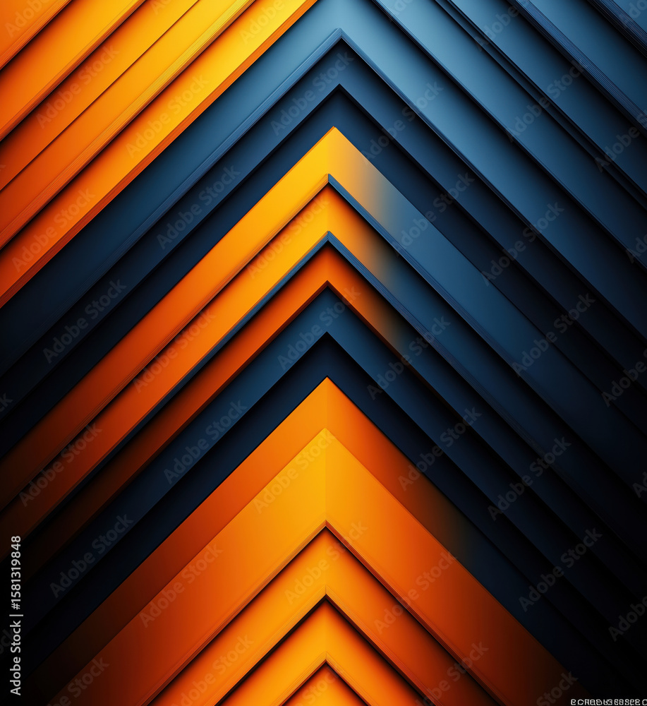 Poster geometric abstract design with orange and blue layered chevron patterns.