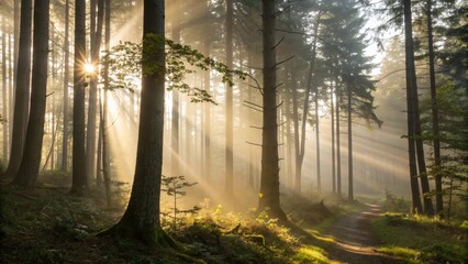 Obraz premium Sunbeams Through Forest A Serene Morning Walk with Soft Mist in the Woods