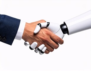 Business handshake between man and robot cyborg with handcuffs symbolizing partnership 