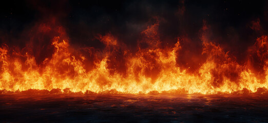 Intense flames creating a dramatic fire wall against a dark background.